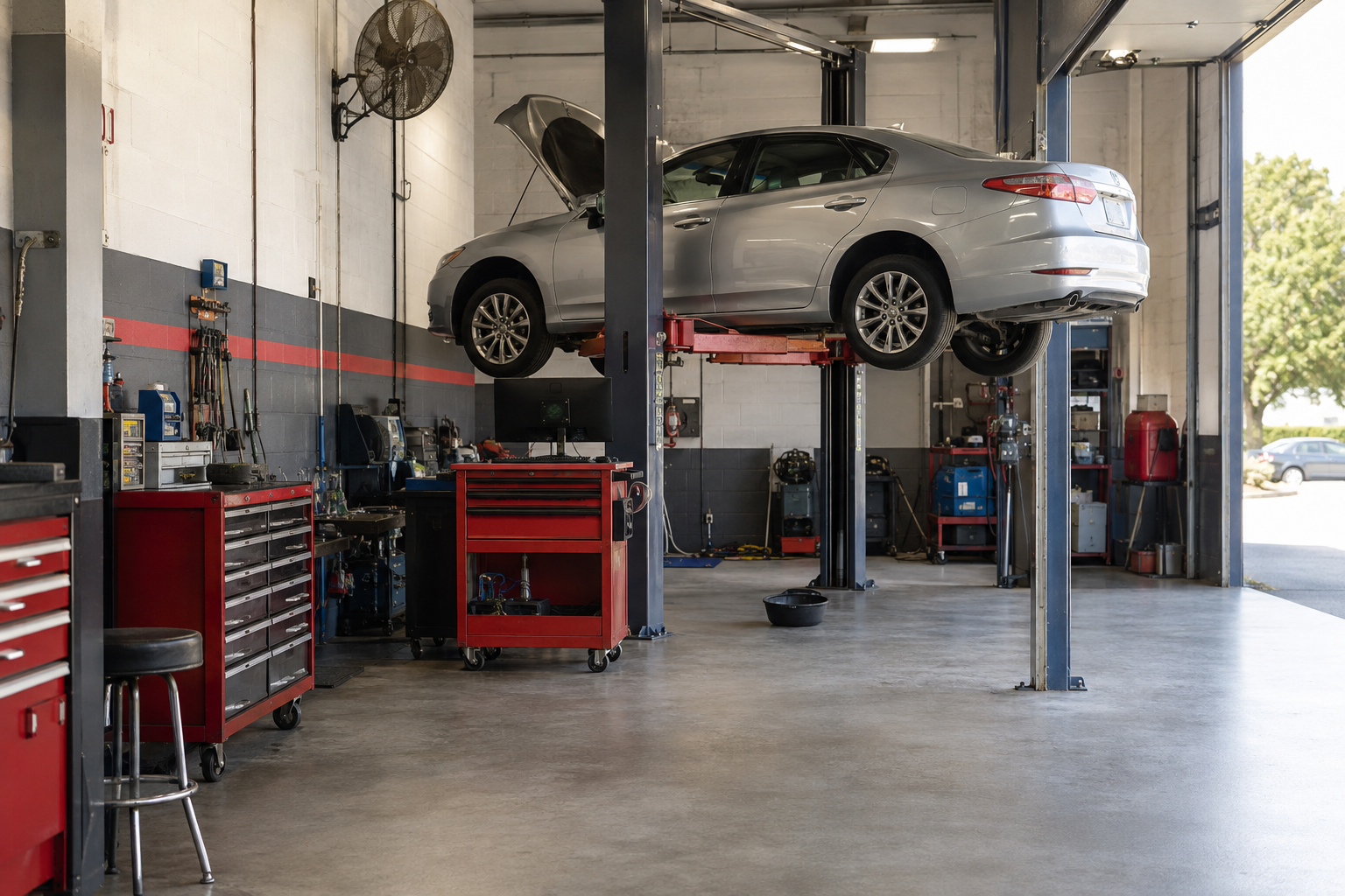 Vehicle on a lift in an auto repair workshop